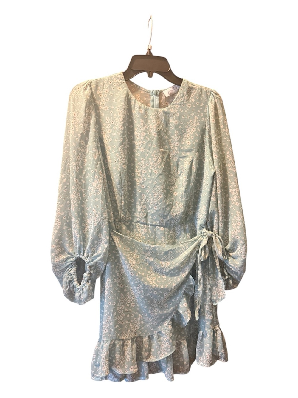 Light Mint Green Floral Wrap Ruffle Dress  w/ balloon sleeves Sz 8